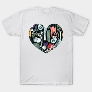 Go veggie // heart print // black background pine and mint vegetables T-Shirt